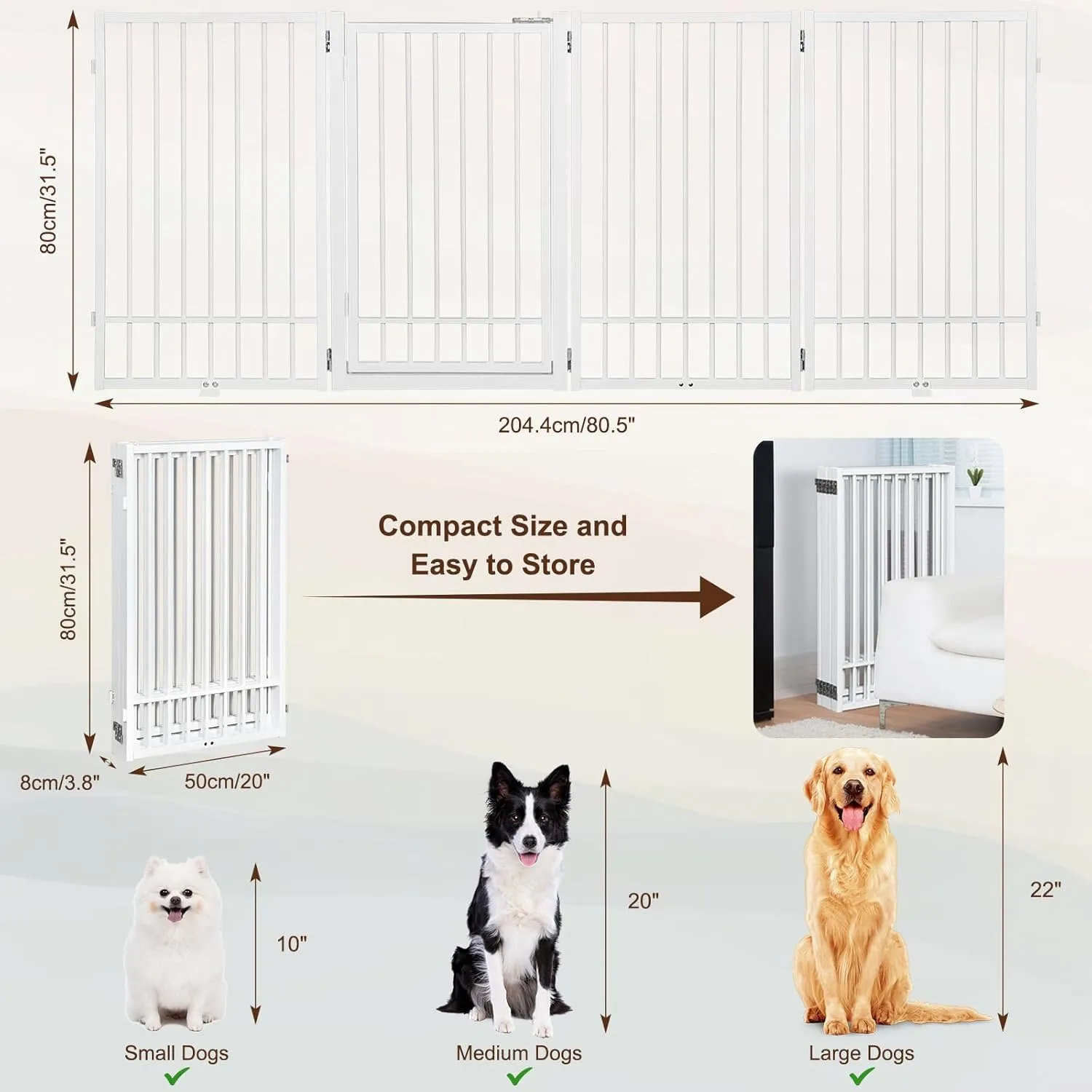 Metal Freestanding Dog Gate with Door, Extra Wide 81", 31" Height Foldable Dog Gates for Doorways, Tall Pet Fence Indoor Outdoor Pet Gates, 4 Panels Pet Barrier for Stairs Hallways, White