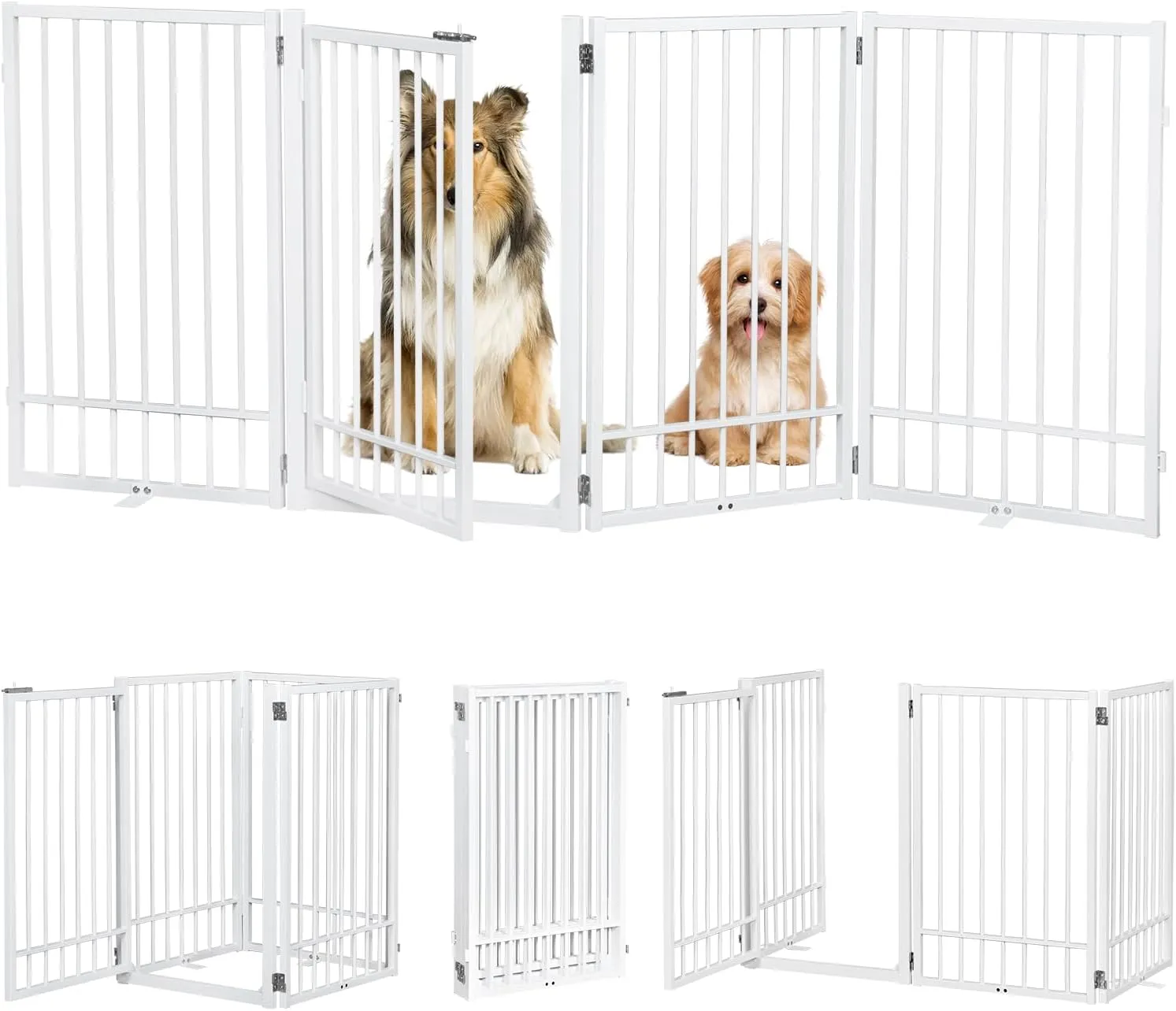 Metal Freestanding Dog Gate with Door, Extra Wide 81", 31" Height Foldable Dog Gates for Doorways, Tall Pet Fence Indoor Outdoor Pet Gates, 4 Panels Pet Barrier for Stairs Hallways, White