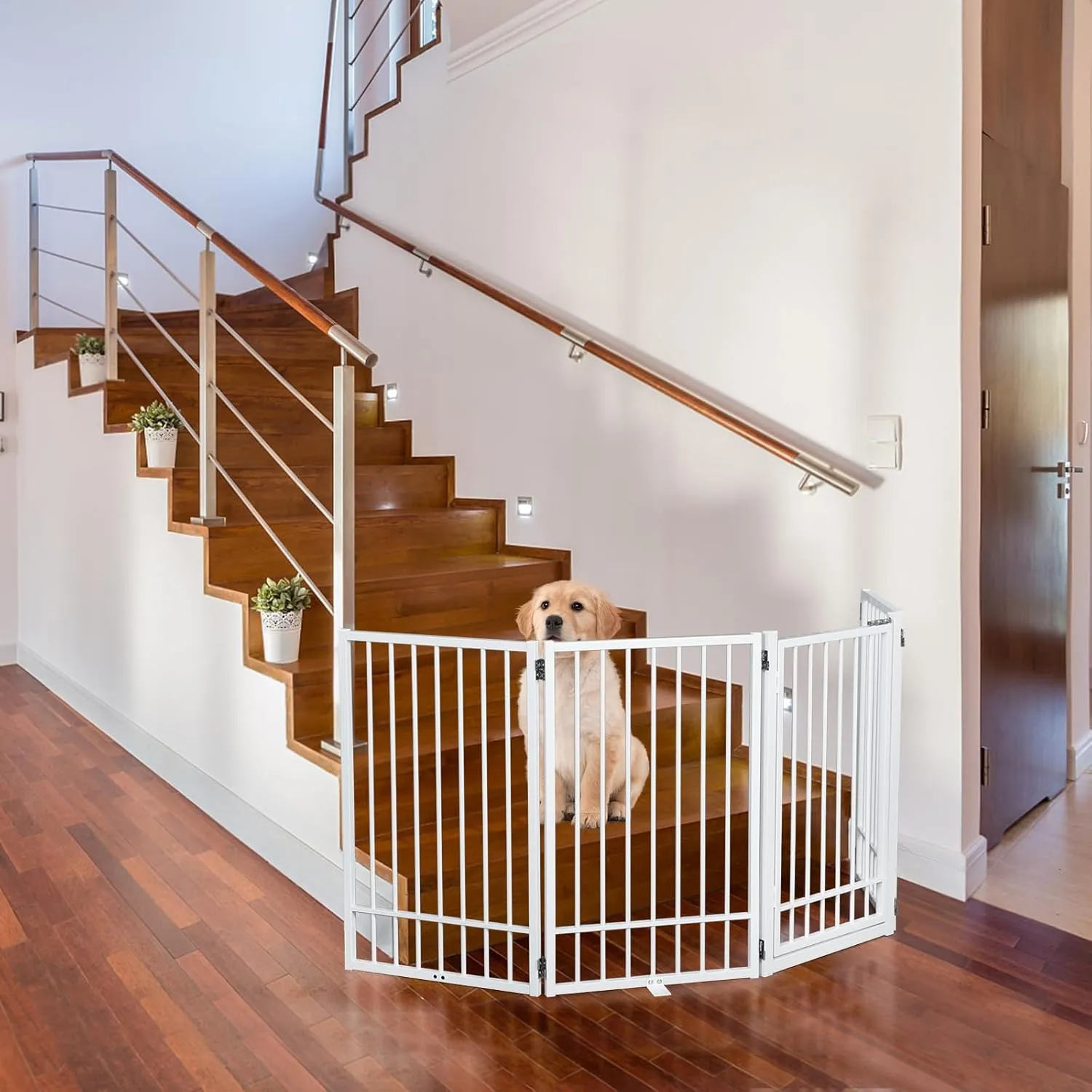 Metal Freestanding Dog Gate with Door, Extra Wide 81", 31" Height Foldable Dog Gates for Doorways, Tall Pet Fence Indoor Outdoor Pet Gates, 4 Panels Pet Barrier for Stairs Hallways, White