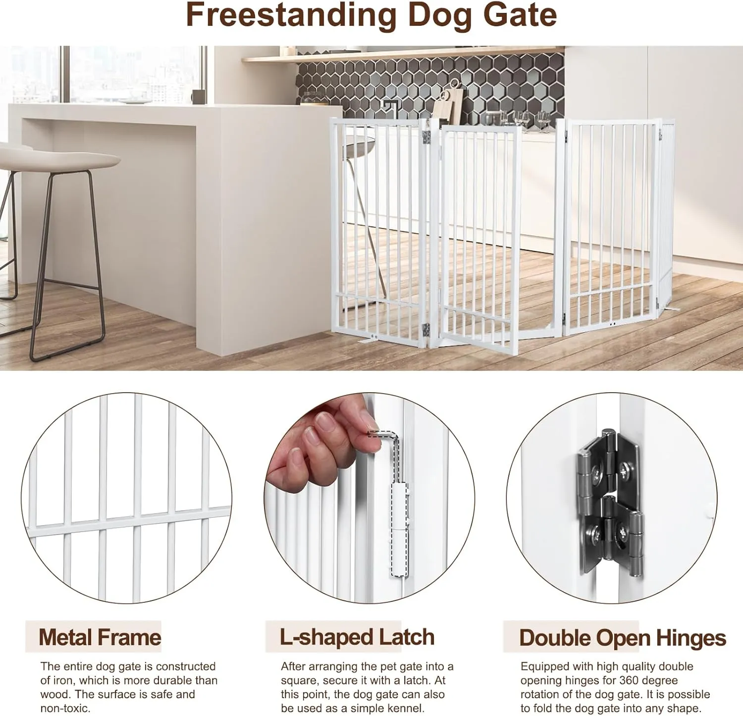 Metal Freestanding Dog Gate with Door, Extra Wide 81", 31" Height Foldable Dog Gates for Doorways, Tall Pet Fence Indoor Outdoor Pet Gates, 4 Panels Pet Barrier for Stairs Hallways, White