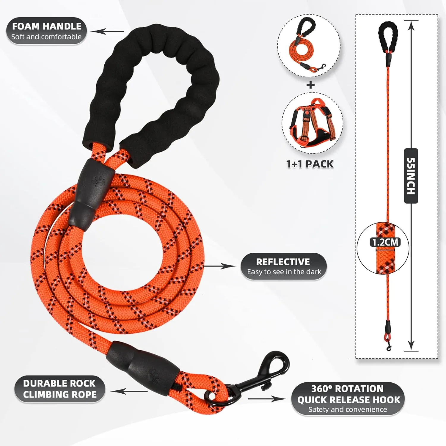 No Pull Dog Harness with A Free Heavy Duty 5ft Dog Leash, Adjustable Soft Padded Dog Vest, Reflective No-Choke Pet Oxford Vest with Easy Control Handle for Dogs(Orange, Medium)