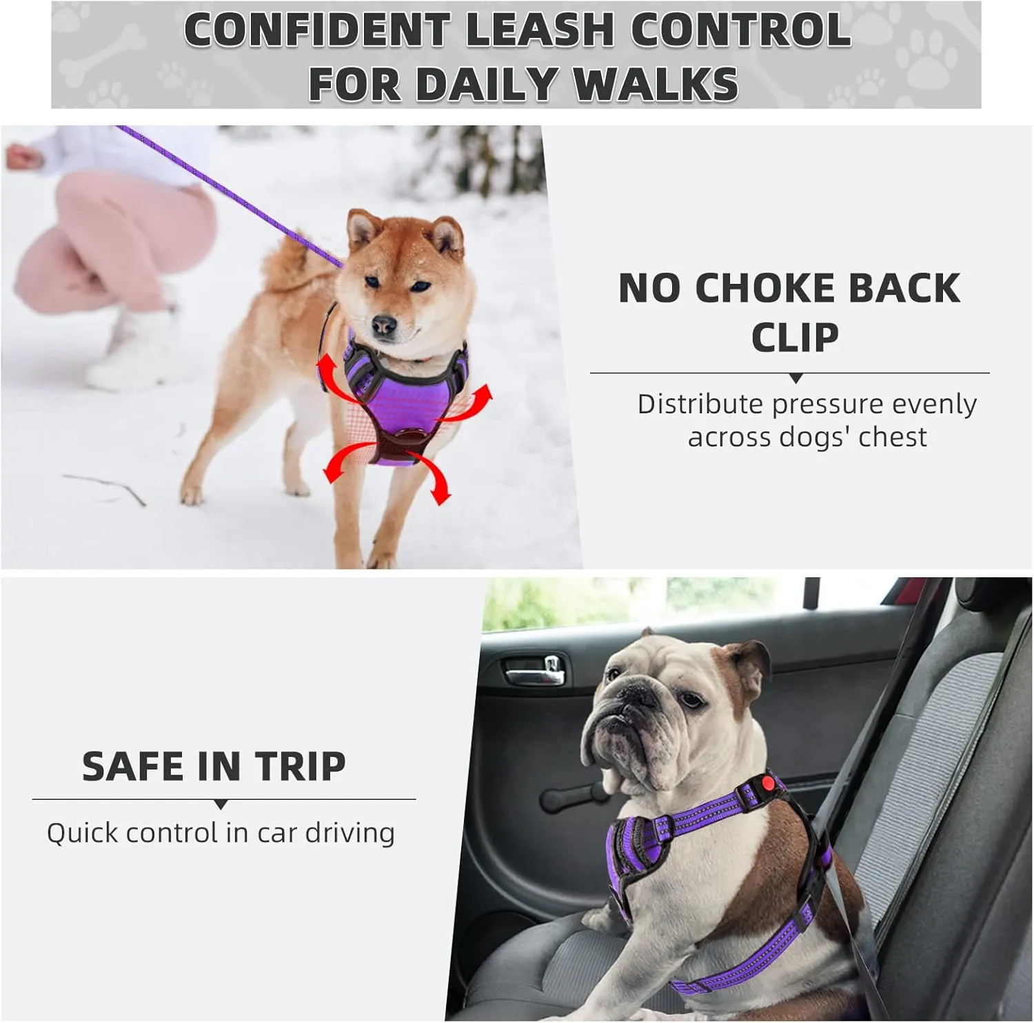 No Pull Dog Harness with A Free Heavy Duty 5ft Dog Leash, Adjustable Soft Padded Dog Vest, Reflective No-Choke Pet Oxford Vest with Easy Control Handle for Small and Large Dogs (Purple, Medium)