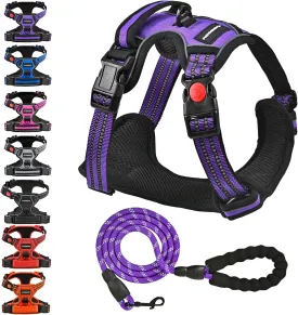 No Pull Dog Harness with A Free Heavy Duty 5ft Dog Leash, Adjustable Soft Padded Dog Vest, Reflective No-Choke Pet Oxford Vest with Easy Control Handle for Small and Large Dogs (Purple, Medium)