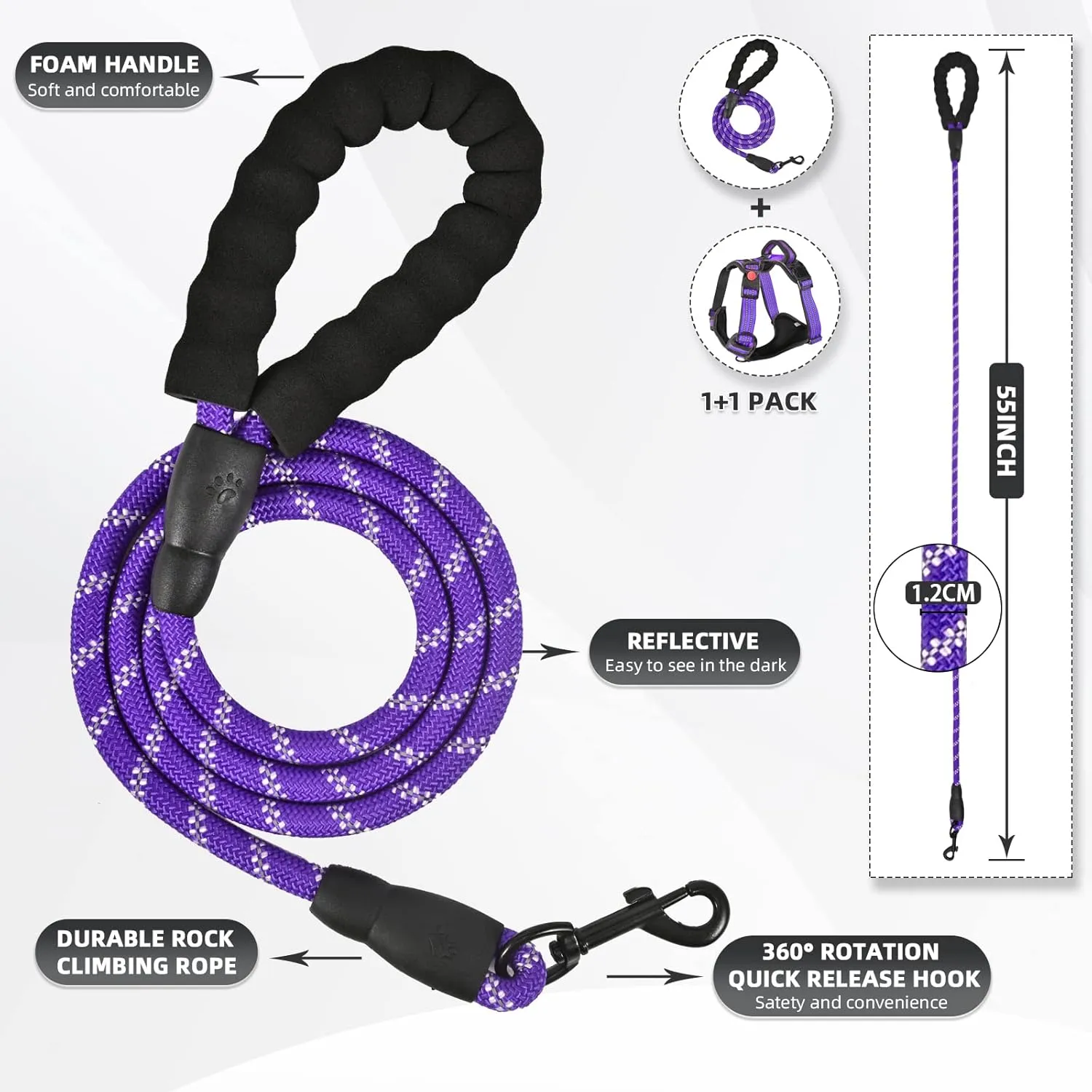 No Pull Dog Harness with A Free Heavy Duty 5ft Dog Leash, Adjustable Soft Padded Dog Vest, Reflective No-Choke Pet Oxford Vest with Easy Control Handle for Small and Large Dogs (Purple, Medium)