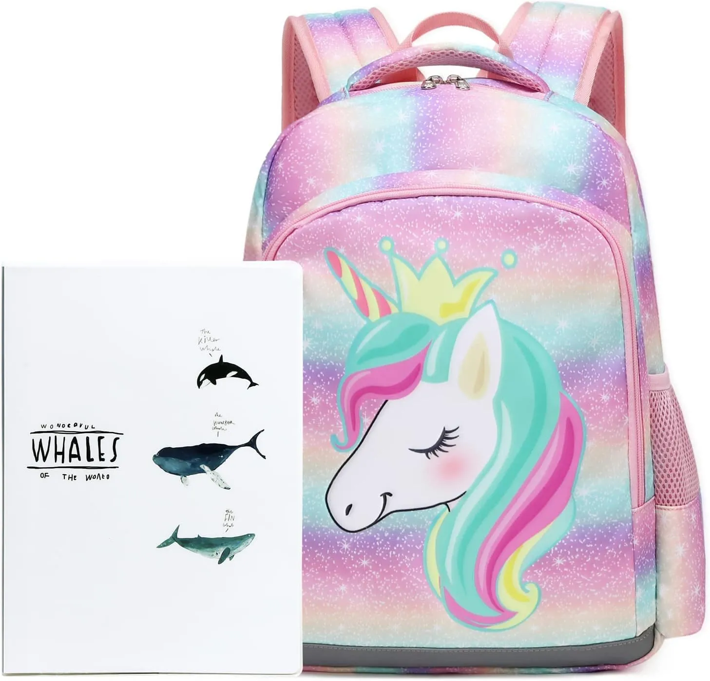 Octsky Unicorn Backpack for Girls, Kids Preschool Backpacks Cute Lightweight With Chest Strap and Lunchbox (Rainbow)