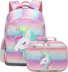 Octsky Unicorn Backpack for Girls, Kids Preschool Backpacks Cute Lightweight With Chest Strap and Lunchbox (Rainbow)