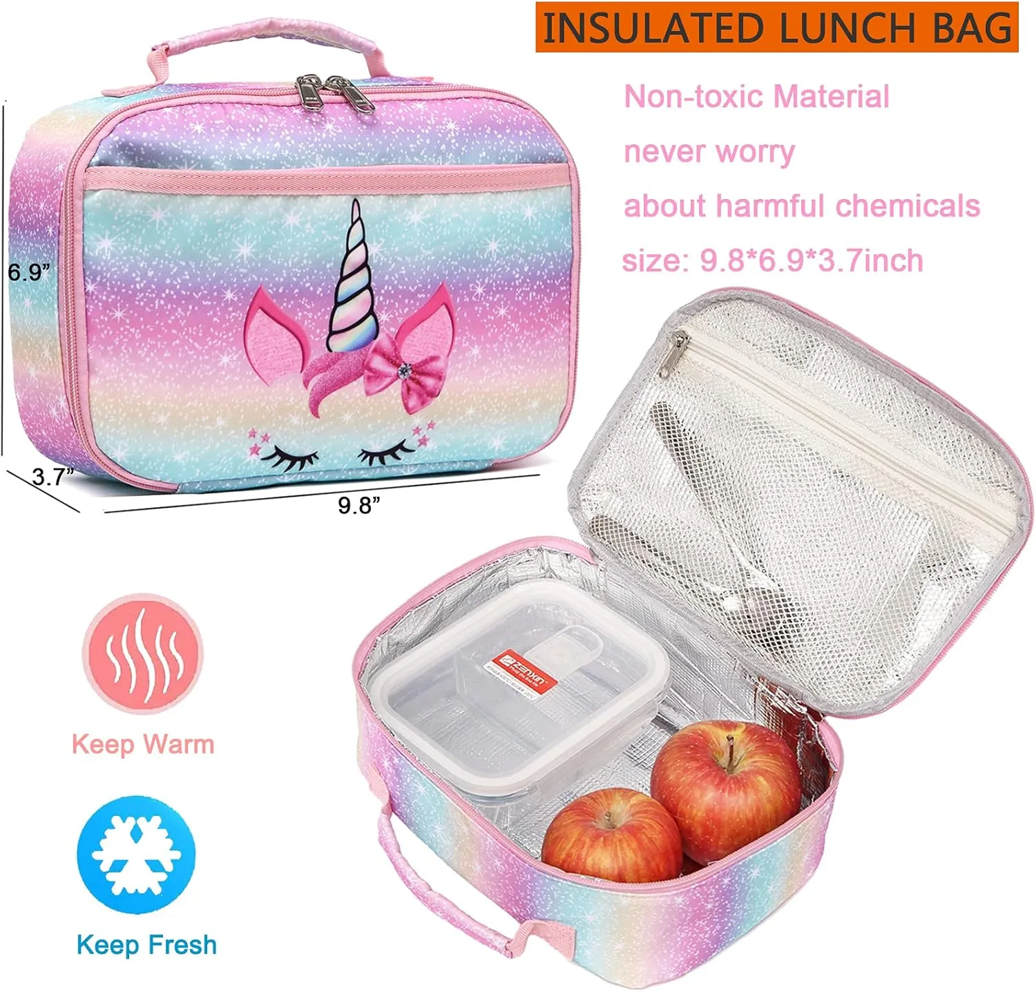 Octsky Unicorn Backpack for Girls, Kids Preschool Backpacks Cute Lightweight With Chest Strap and Lunchbox (Rainbow)