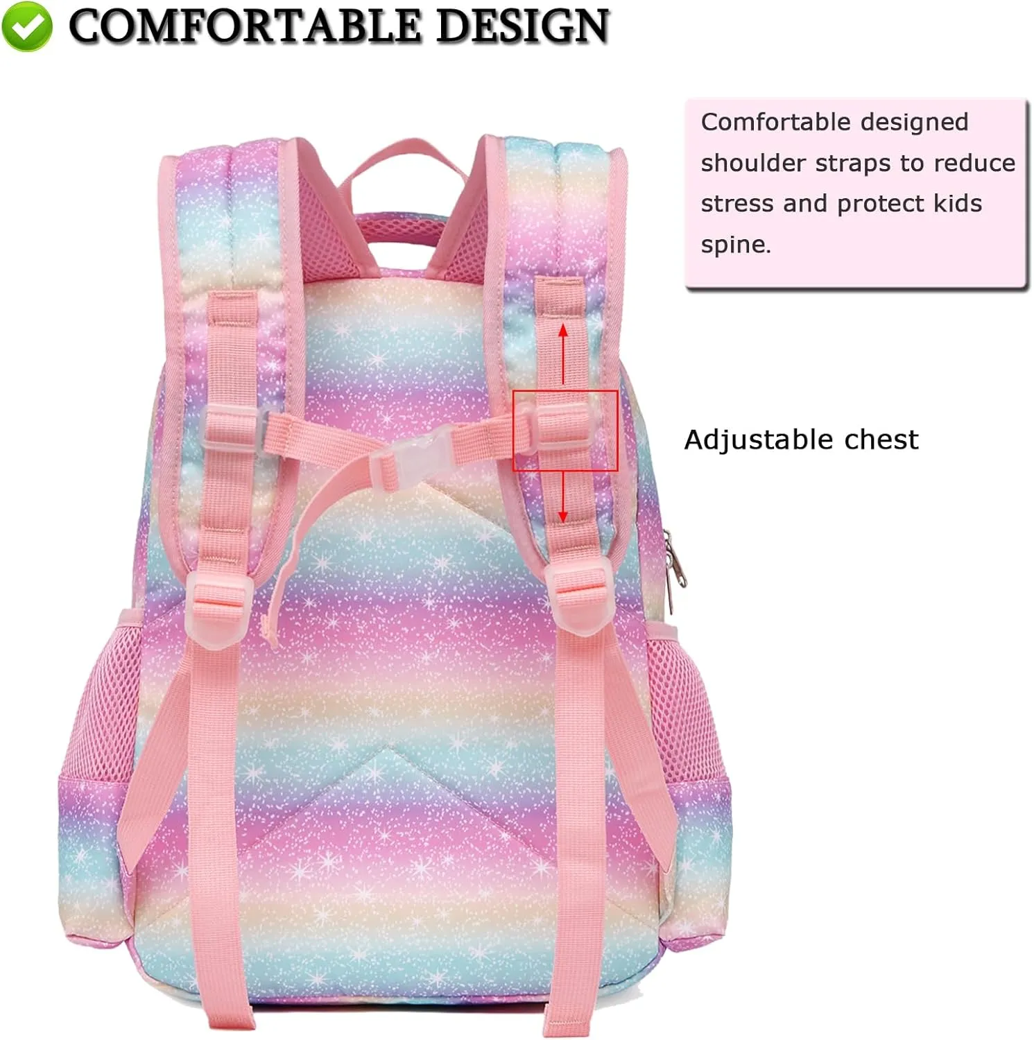Octsky Unicorn Backpack for Girls, Kids Preschool Backpacks Cute Lightweight With Chest Strap and Lunchbox (Rainbow)
