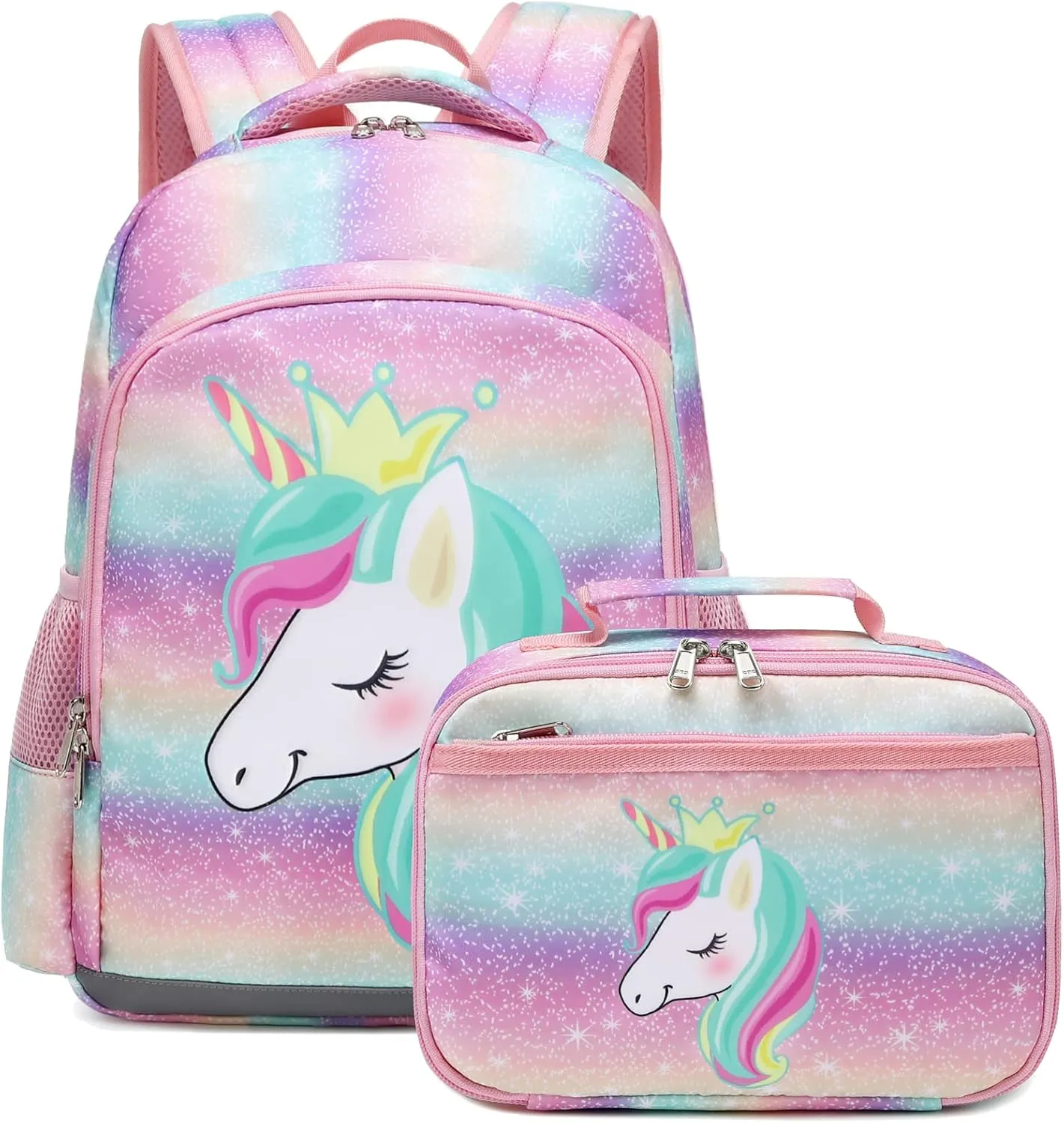 Octsky Unicorn Backpack for Girls, Kids Preschool Backpacks Cute Lightweight With Chest Strap and Lunchbox (Rainbow)