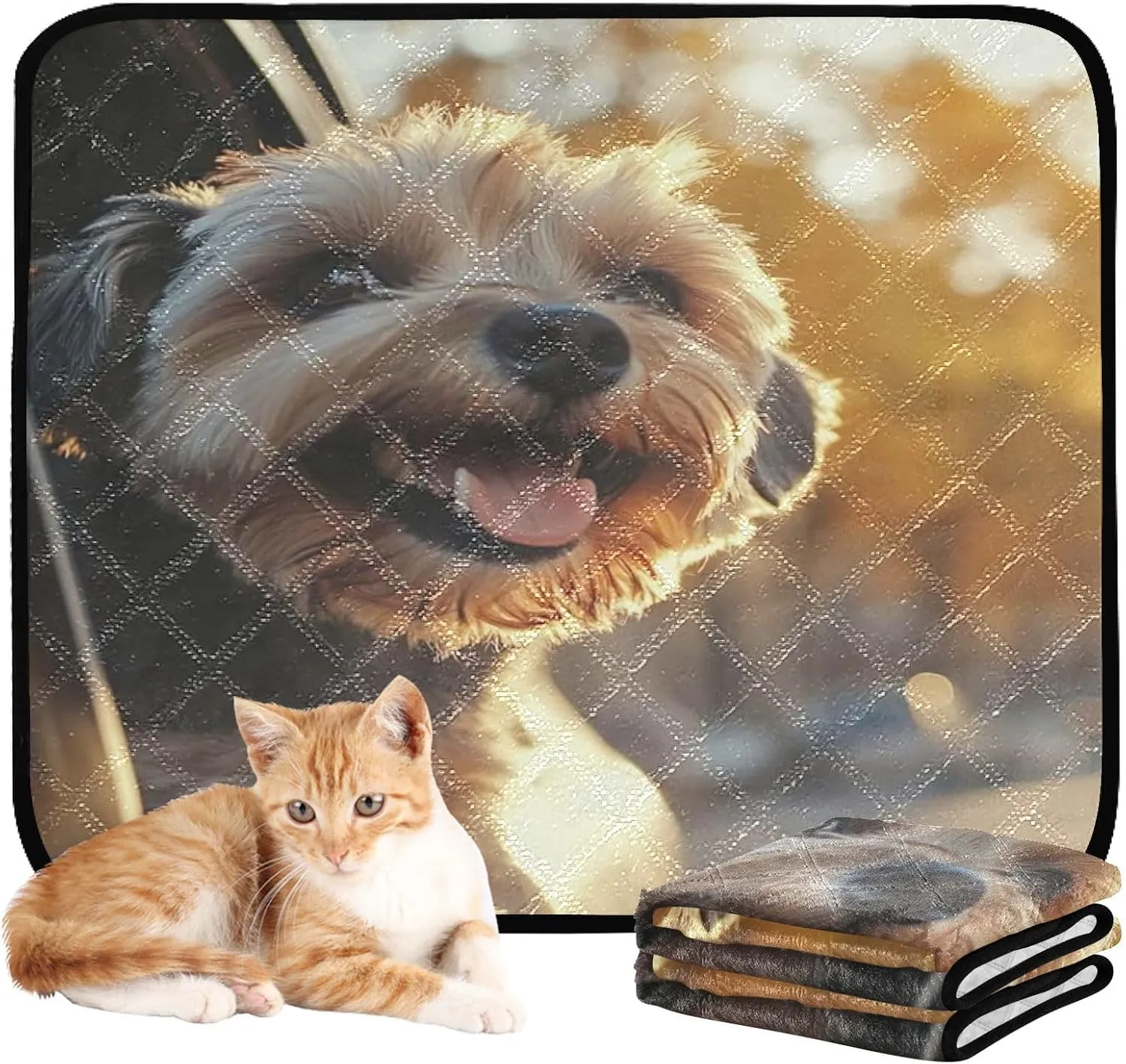Pee Pads Washable Waterproof Floor Mat Non Slip Happy Yorkie Car Ride Sunset Pet Pee Pad Extra Large Absorbent Whelping Pad, Small x 3 Pack