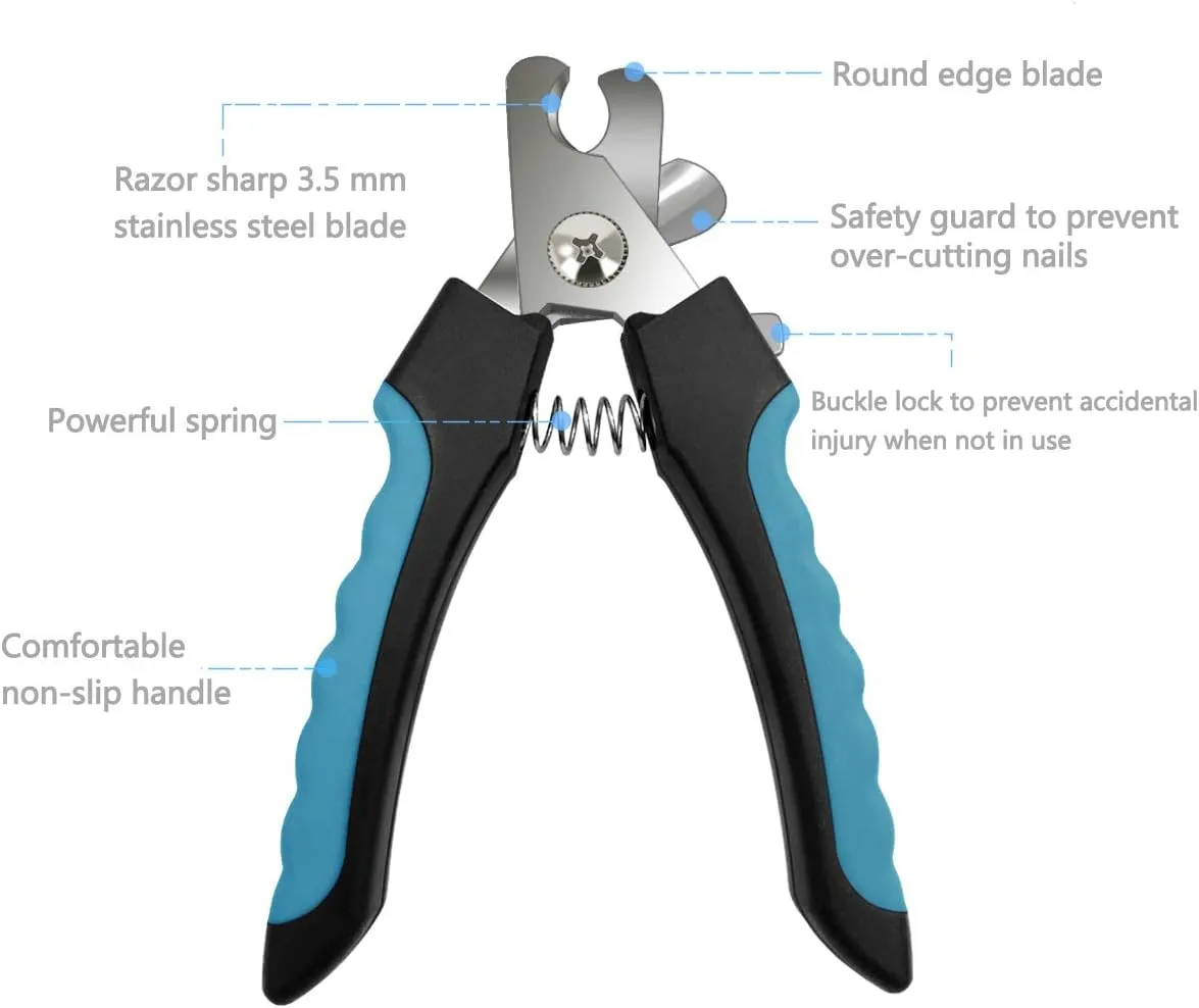Pet Nail Clippers and Trimmers Set Safety Guard to Avoid Over Cutting Razor Sharp Blades Grooming Tool for All Small Large Dog Cat (Blue/Black)