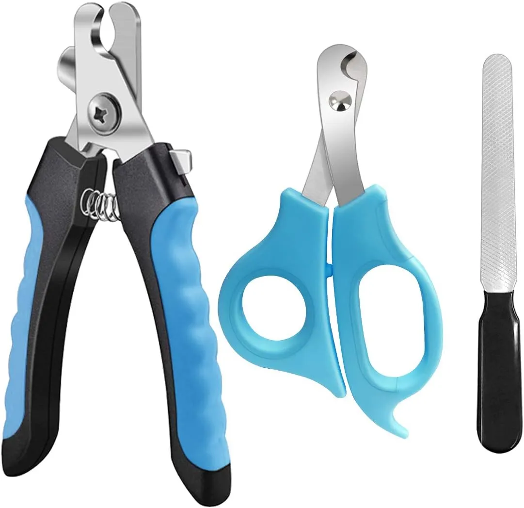 Pet Nail Clippers and Trimmers Set Safety Guard to Avoid Over Cutting Razor Sharp Blades Grooming Tool for All Small Large Dog Cat (Blue/Black)