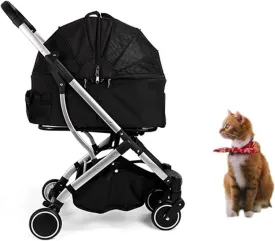Pet Travel Stroller Large Cat Dog Cart Travel Supplies Foldable 4 Wheels Trolley Carrier Pram with 2 Front Swivel Wheels (Black)
