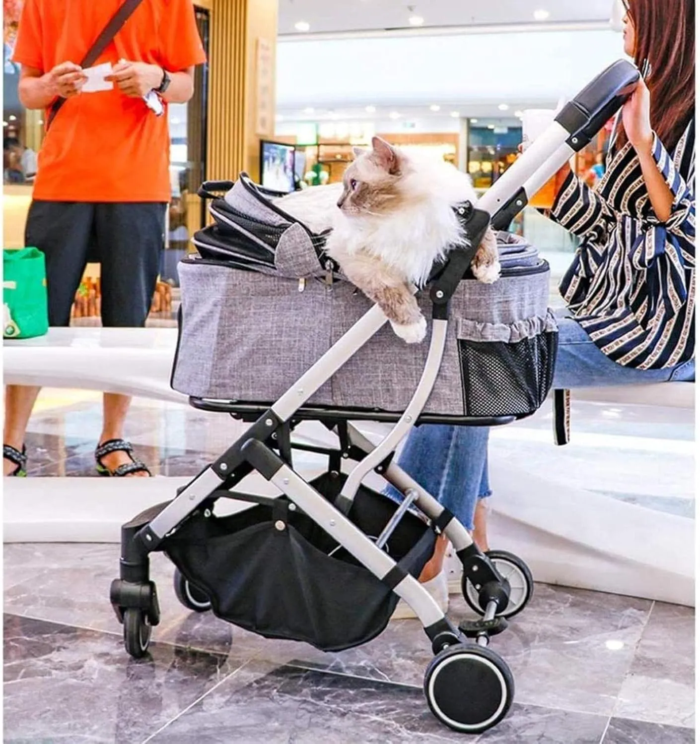 Pet Travel Stroller Large Cat Dog Cart Travel Supplies Foldable 4 Wheels Trolley Carrier Pram with 2 Front Swivel Wheels (Black)