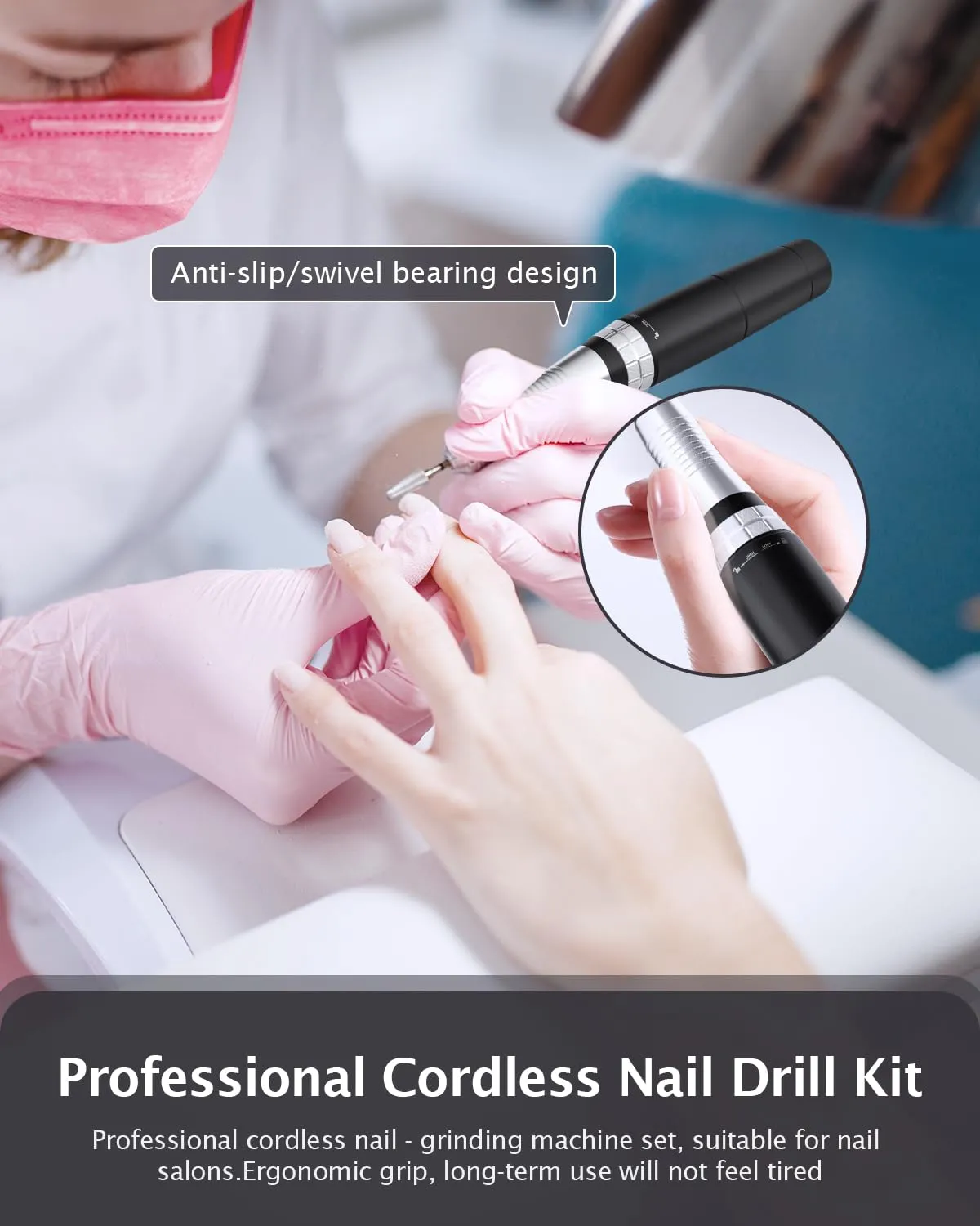 Professional Electric Nail Drill Kit, Cordless Nail File Machine for Home/Salon Use, 5-Speed Manicure Pedicure Tools with LED Light, Quiet Nail Grinder for Acrylic/Gel/Thick Toenails