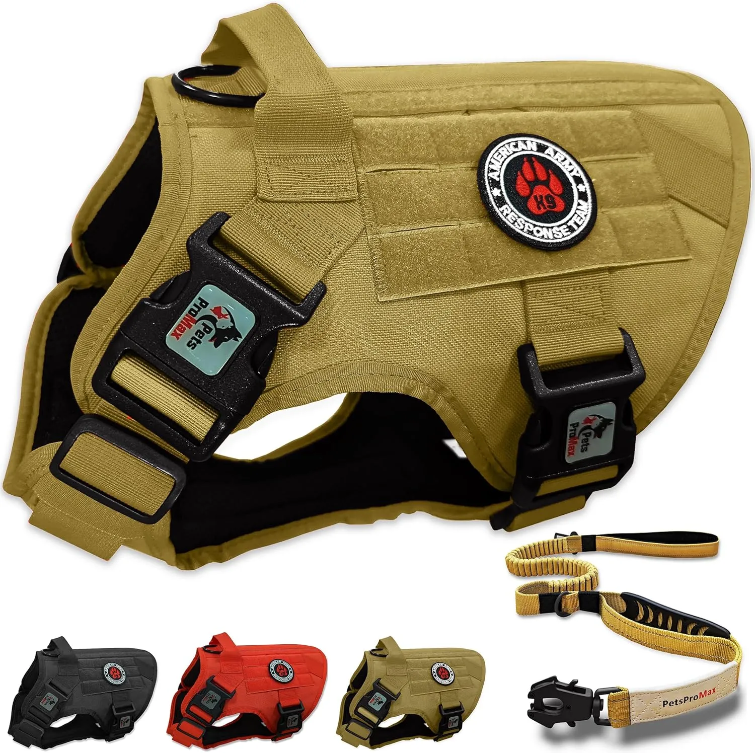 ProMax Tactical Dog Harness & Leash Set - Medium, Military Style, No-Pull Brown M