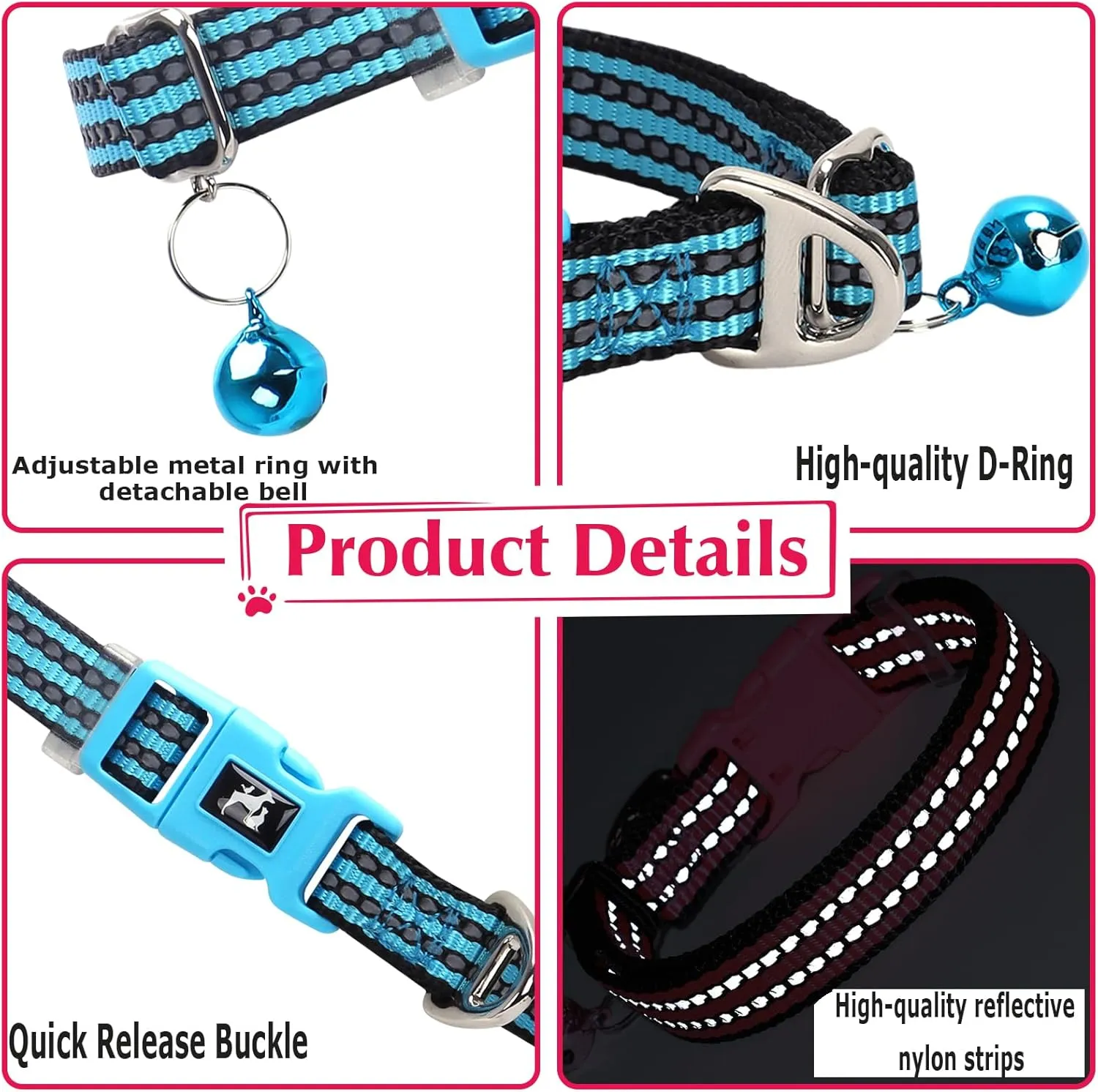Reflective Small Dogs Collar with Bell - Nylon Adjustable Collar for XS & S Dogs High Visibility for Night Walks, for Puppies (Blue S)