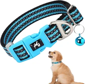 Reflective Small Dogs Collar with Bell - Nylon Adjustable Collar for XS & S Dogs High Visibility for Night Walks, for Puppies (Blue S)