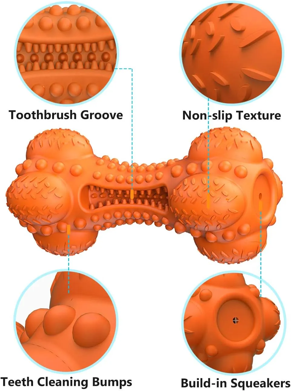 SCHITEC Squeaky Dog Chew Toy, Tough Durable Natural Rubber Bone with Toothbrush, Indestructible for Aggressive Chewers Large Medium Breed Teeth Cleaning