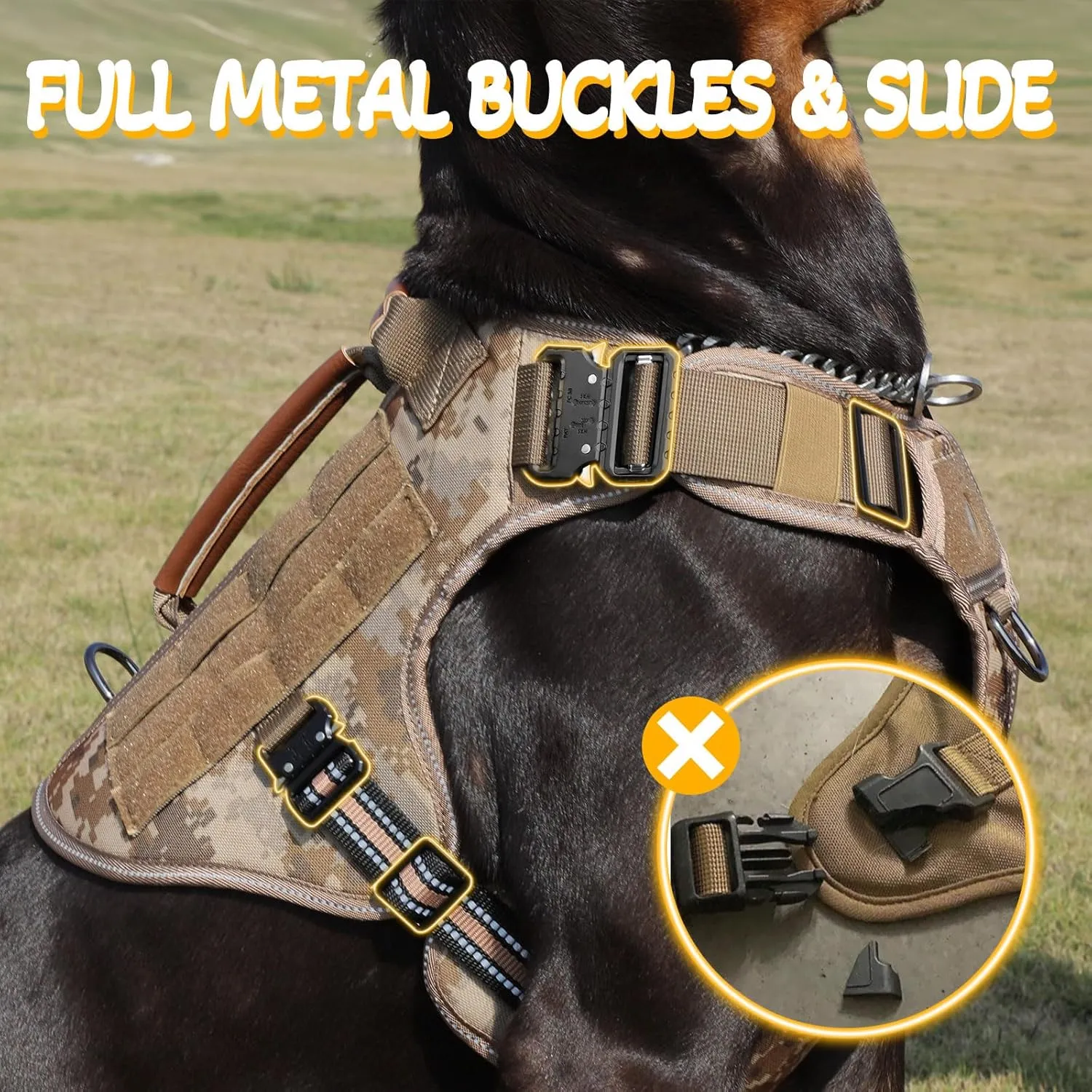 Service Dog Vest - HEYCAHVA Tactical Dog Harness Full Metal Buckles Dog Vest for Large Medium Dog Reflective No Pull Dog Harnesses with Leather Handle, Hook & Loop for Hiking Training (Desert Camo, L)