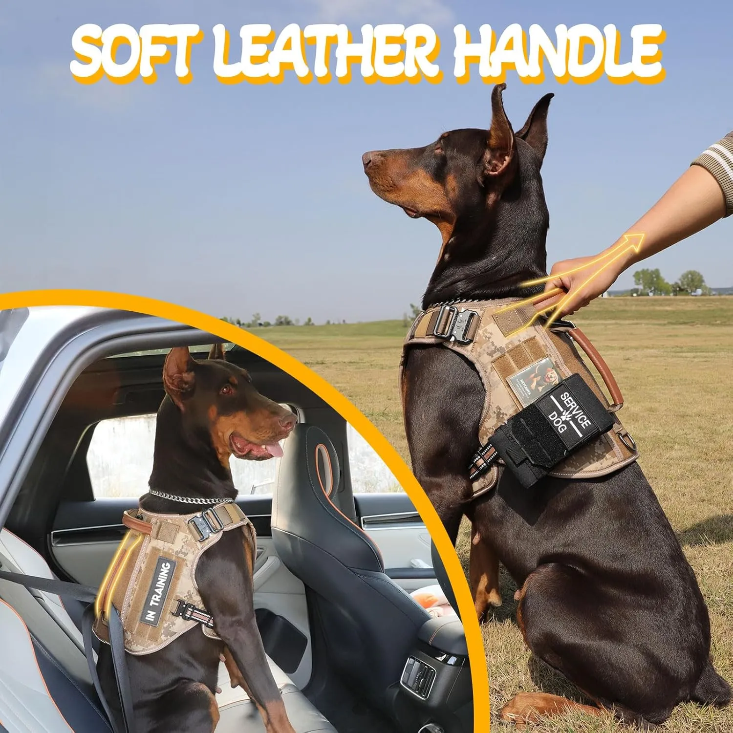 Service Dog Vest - HEYCAHVA Tactical Dog Harness Full Metal Buckles Dog Vest for Large Medium Dog Reflective No Pull Dog Harnesses with Leather Handle, Hook & Loop for Hiking Training (Desert Camo, L)