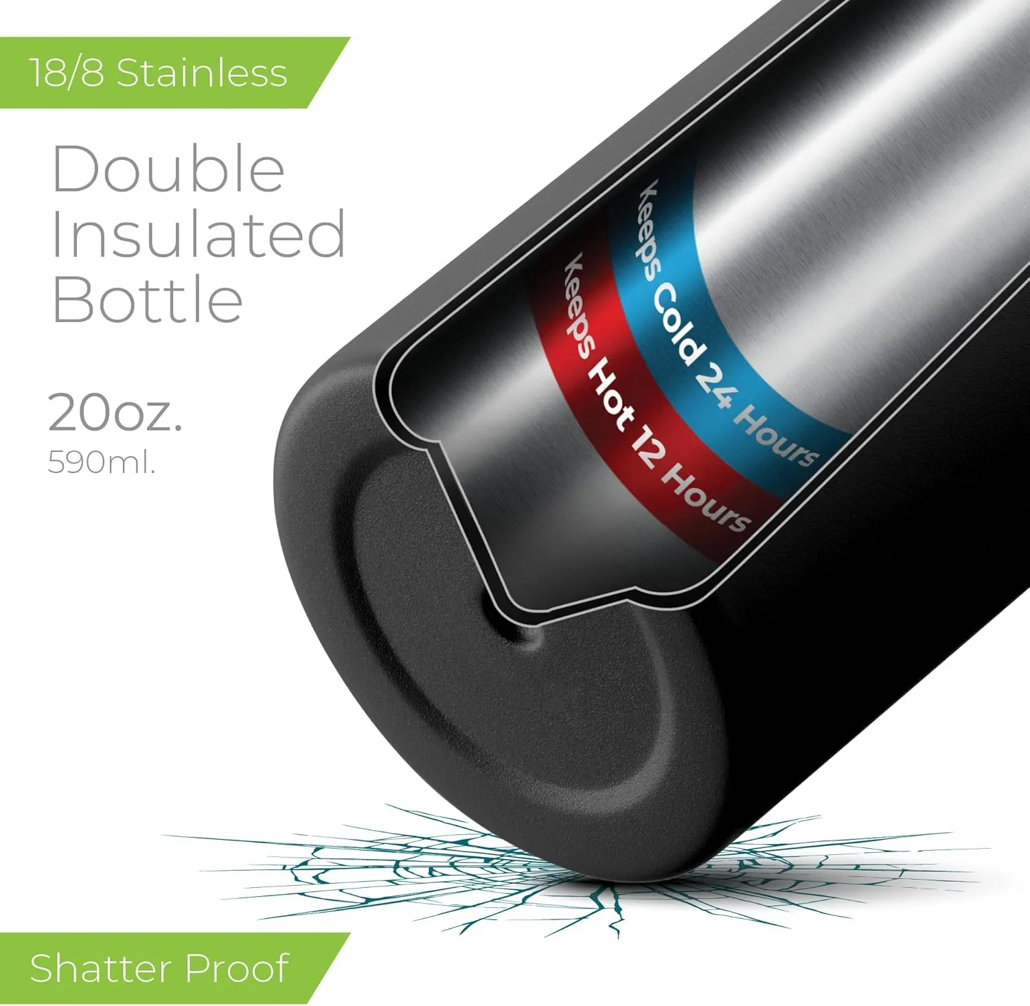 SipX Triple-Insulated Stainless Steel Water Bottle - 20oz. With Cover Lid, BPA-Free Reusable Insulated Water Bottle Keeps Cold For 24 Hours, (Black)