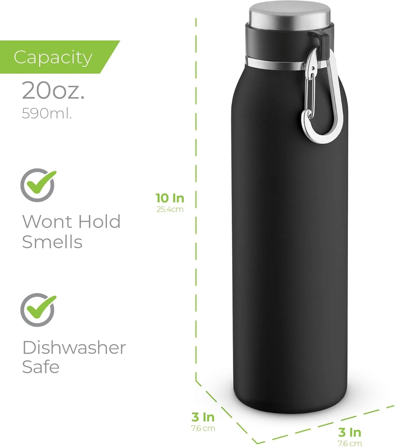 SipX Triple-Insulated Stainless Steel Water Bottle - 20oz. With Cover Lid, BPA-Free Reusable Insulated Water Bottle Keeps Cold For 24 Hours, (Black)