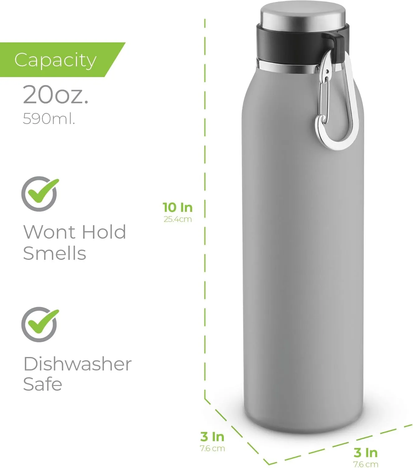 SipX Triple-Insulated Stainless Steel Water Bottle - 20oz. With Cover Lid, BPA-Free Reusable Insulated Water Bottle Keeps Cold For 24 Hours, (Grey)