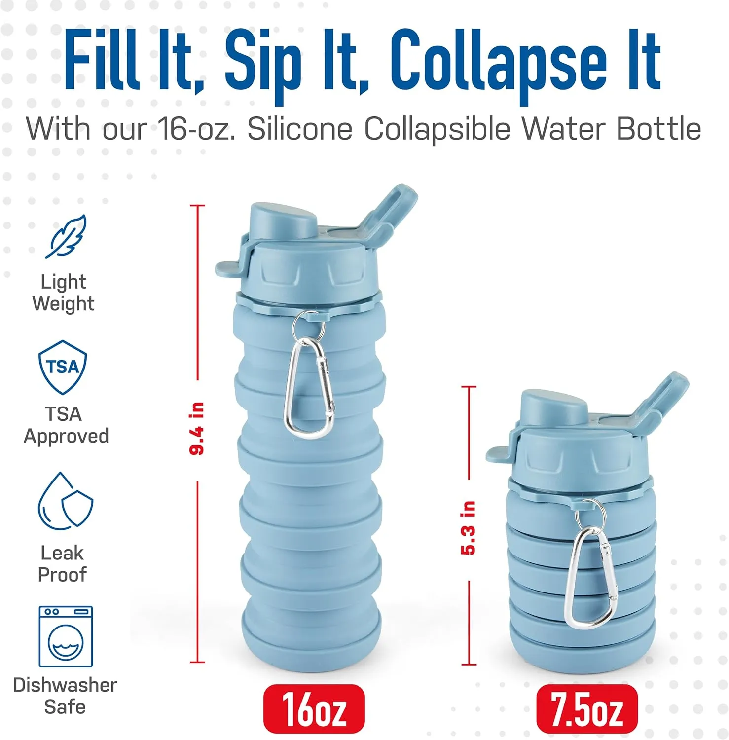Spacesaver Collapsible Water Bottle - Foldable Water Bottle - Silicone - Travel Collapsible bottle- Lightweight, Flexible, Portable, Compact - Camping, Hiking, Traveling - Blue