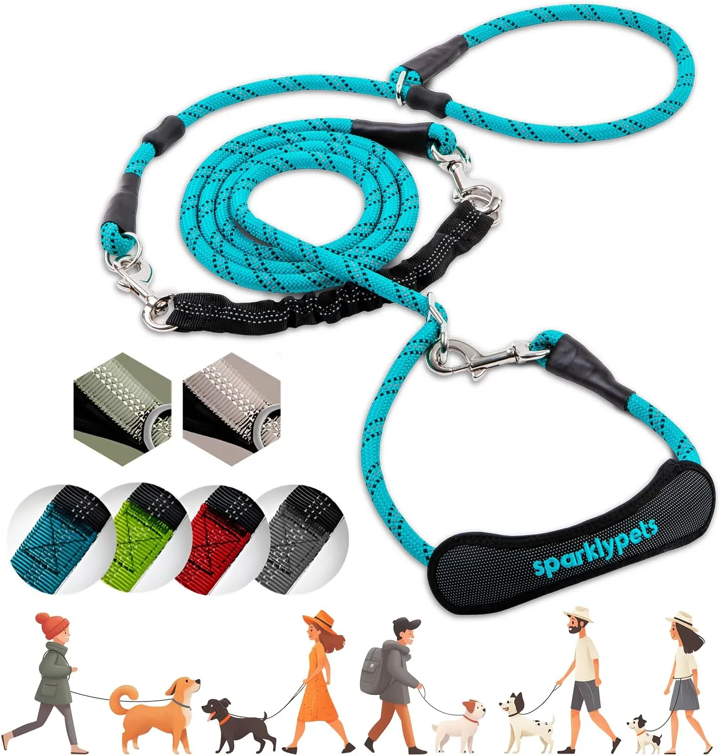 SparklyPets Multifunctional Bungee Hands Free Leash with Detachable Slip Lead  Crossbody & Waist Leash for Dog Walking, Medium & Large Breeds (Teal)