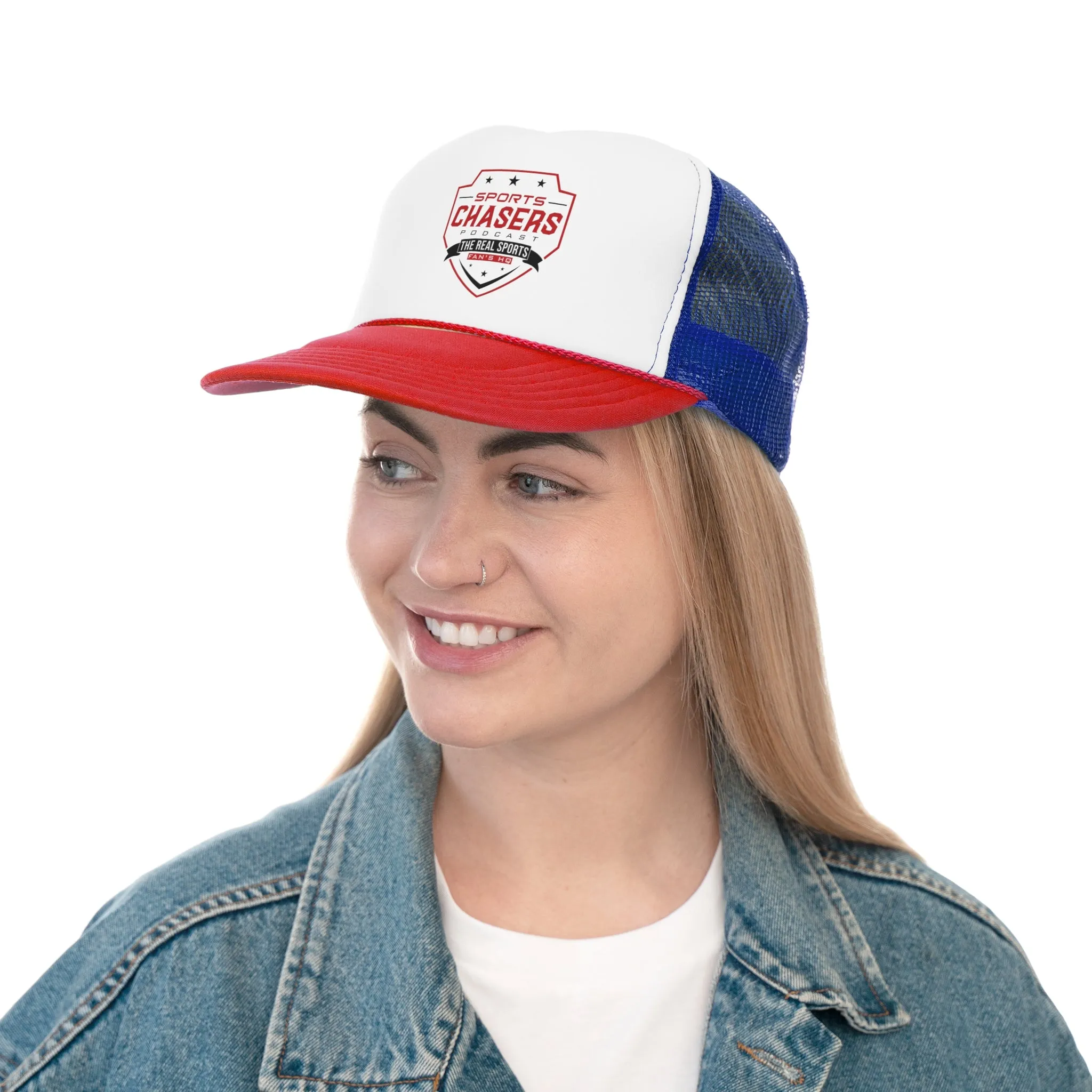 Sports Chasers Podcast Trucker Snapback Hat (Red, White, & Blue)