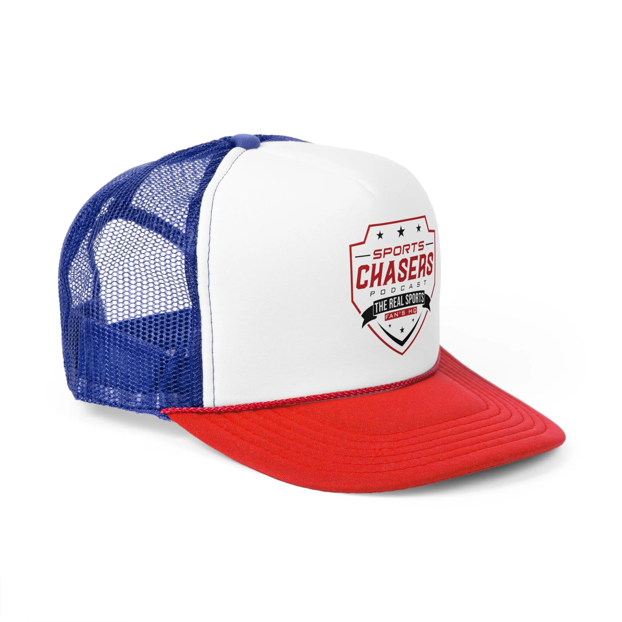 Sports Chasers Podcast Trucker Snapback Hat (Red, White, & Blue)