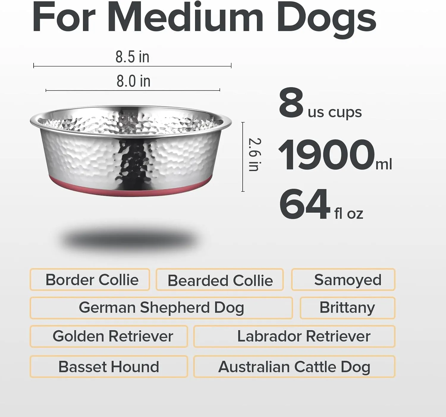 URBUDDIES 2 Pack Hammered Stainless Steel Dog Bowls, 8 Cup, Red Bottom