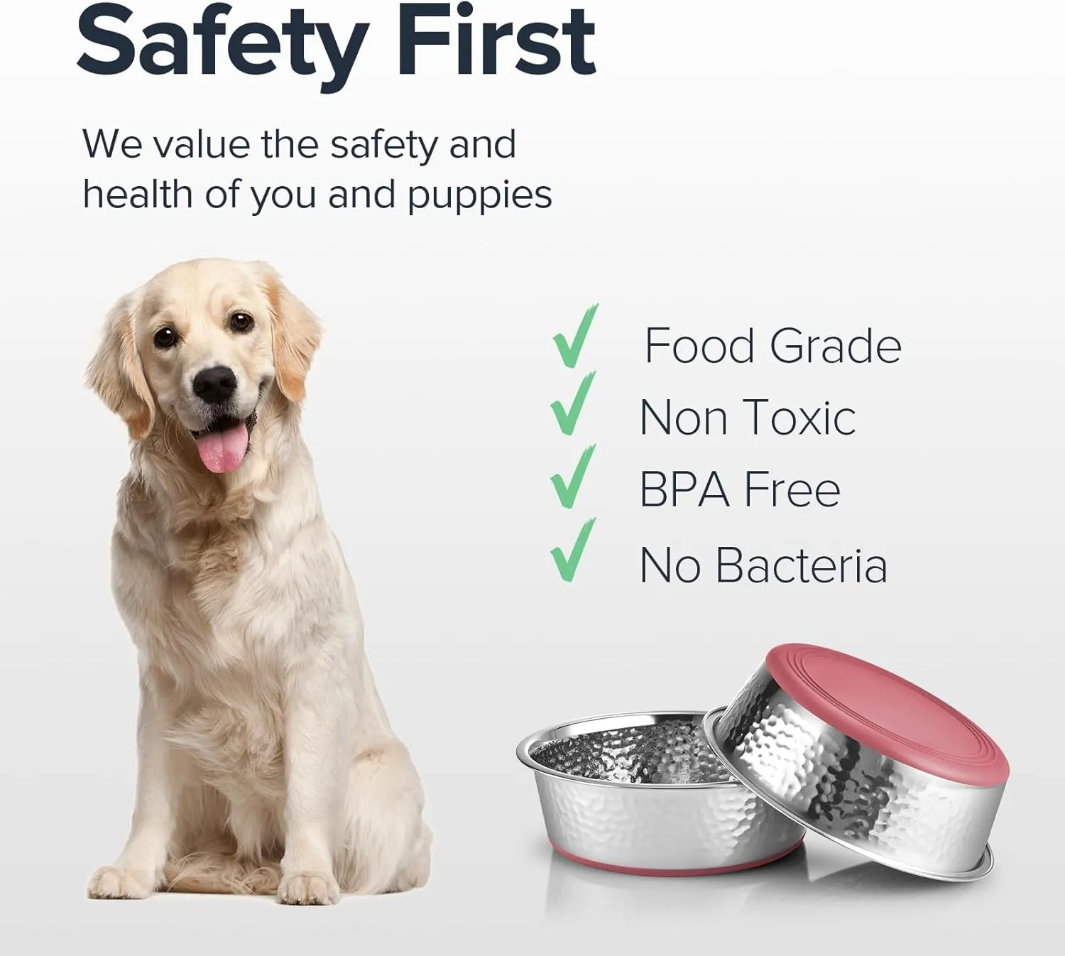 URBUDDIES 2 Pack Hammered Stainless Steel Dog Bowls, 8 Cup, Red Bottom