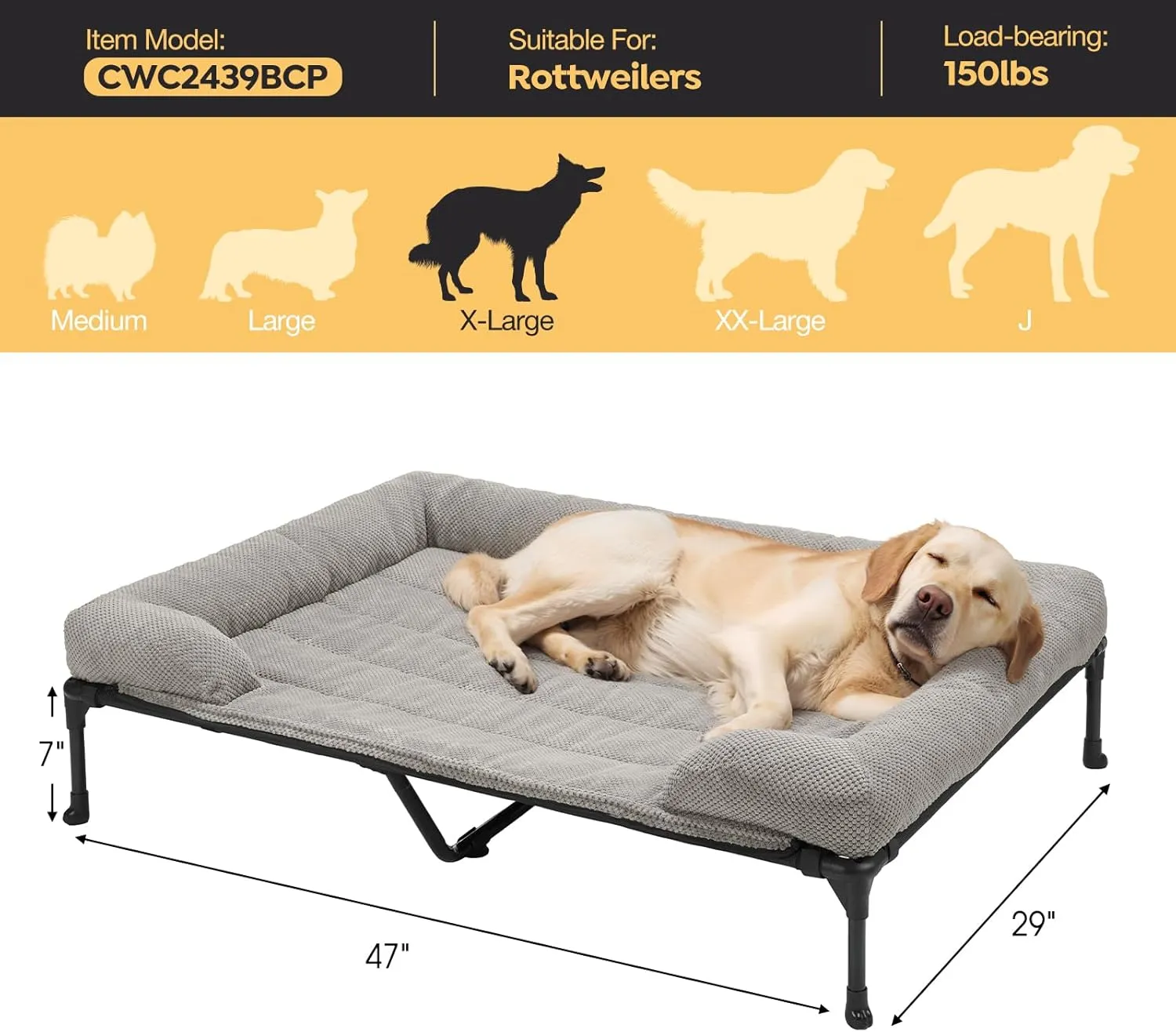 Veehoo Cooling Elevated Dog Bed Add Removable Corduroy Bolster Cushion Mat, 53" x 33" Washable Dog Couch Bed, Raised Pet Cot with Breathable Teslin Mesh, No-Slip Feet, Grey, CWC2439D