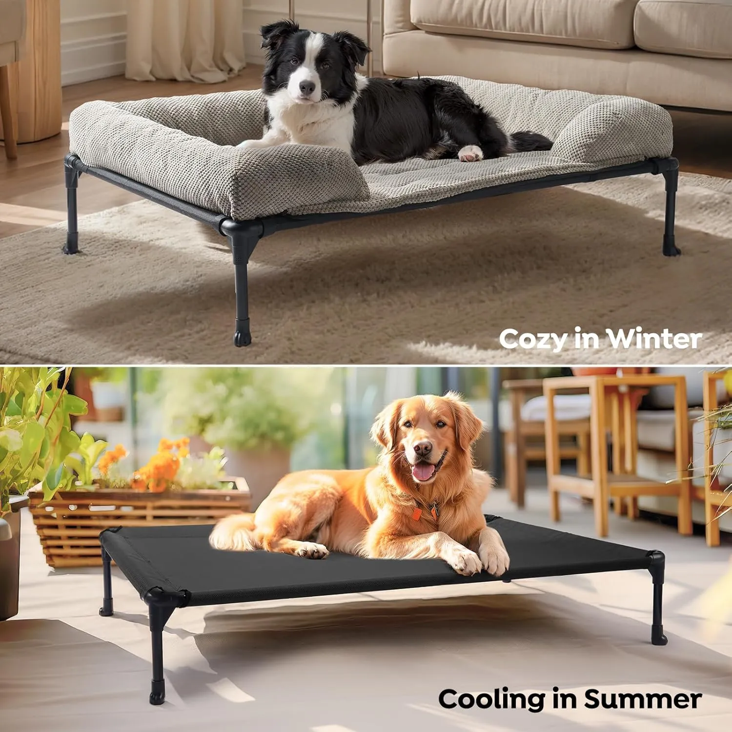 Veehoo Cooling Elevated Dog Bed Add Removable Corduroy Bolster Cushion Mat, 53" x 33" Washable Dog Couch Bed, Raised Pet Cot with Breathable Teslin Mesh, No-Slip Feet, Grey, CWC2439D