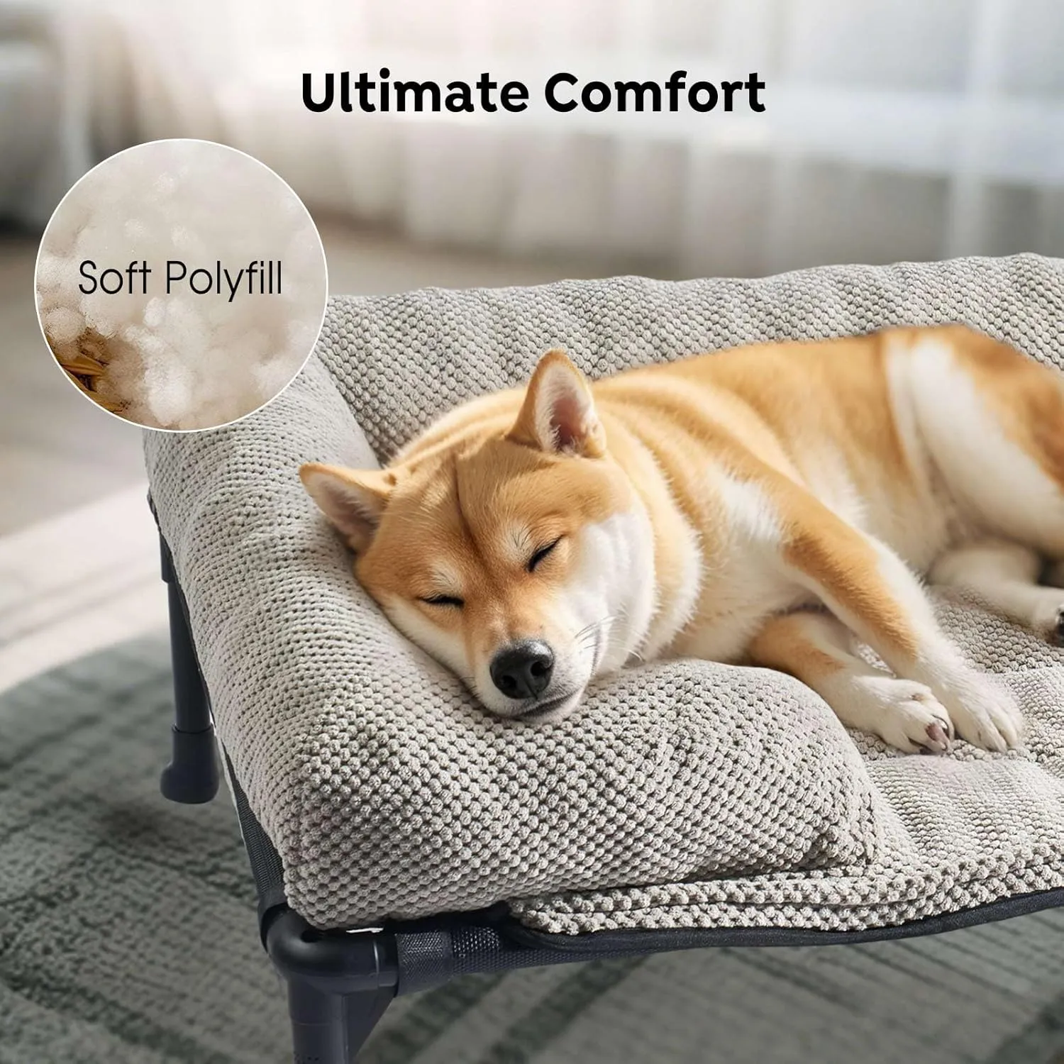 Veehoo Cooling Elevated Dog Bed Add Removable Corduroy Bolster Cushion Mat, 53" x 33" Washable Dog Couch Bed, Raised Pet Cot with Breathable Teslin Mesh, No-Slip Feet, Grey, CWC2439D
