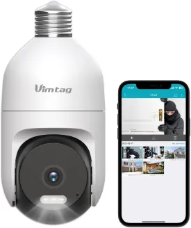 VIMTAG 2.5K Light Bulb Security Camera Outdoor, 2.4G WiFi Cameras for Home Security, Color Night Vision, 360 View, Motion Tracking & Alerts, Waterproof, Compatible with Alexa, Cloud/SD Storage