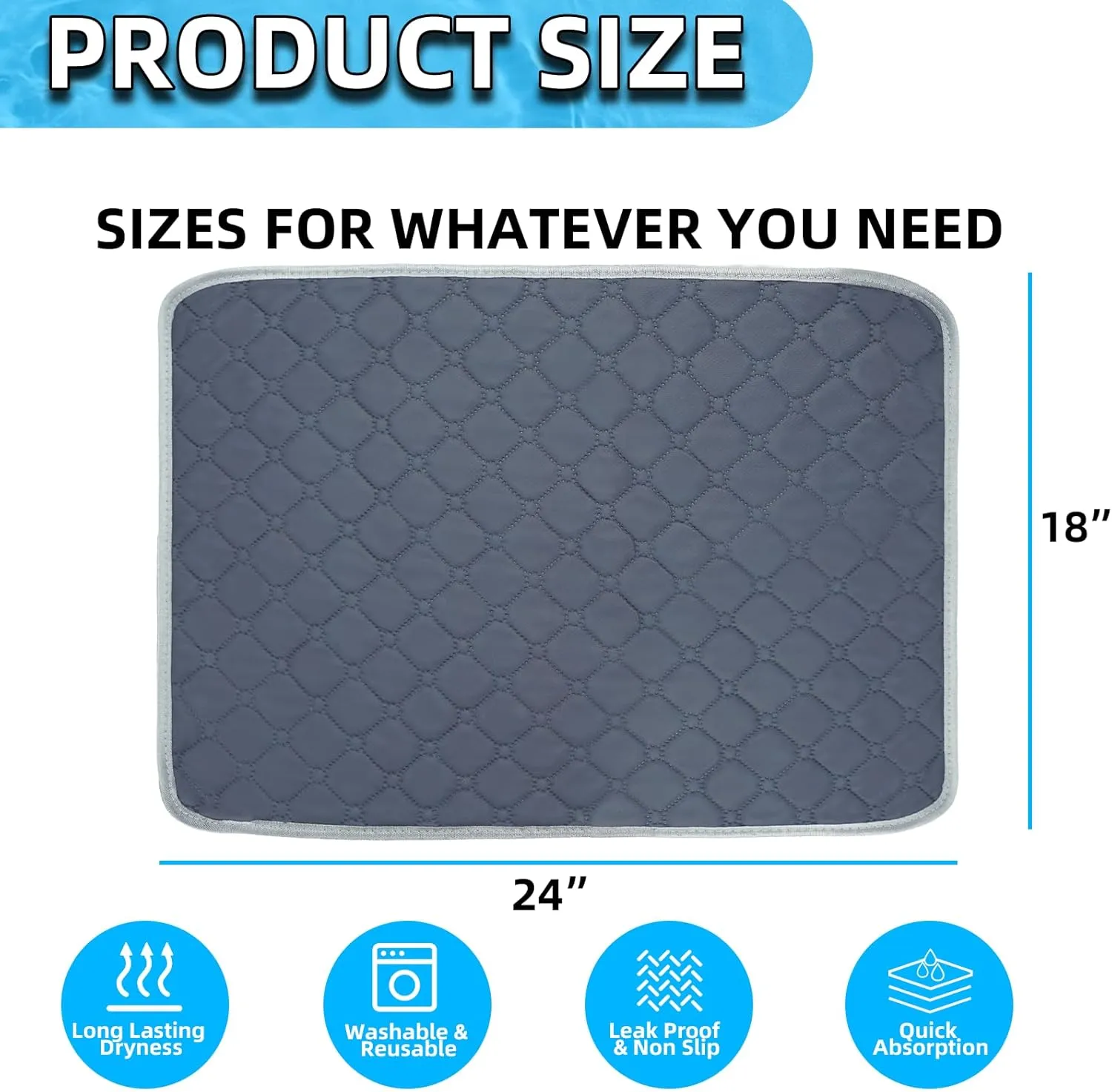 Washable Pee Pads for Dogs - 18" x 24" Super Absorbent Reusable Puppy Pads for Dog Training, Leak-Proof Non-Slip Waterproof Whelping Pads for Playpen, Crate, Sofa, Potty Training - Grey