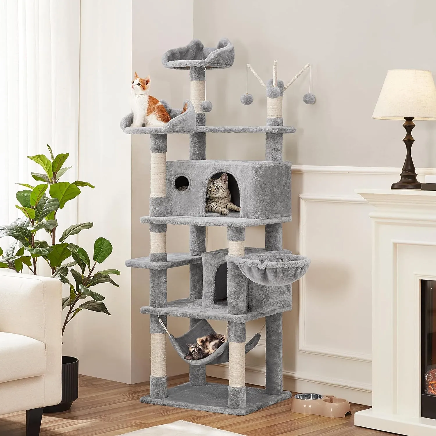 Yaheetech Cat Tree, 67in Large Cat Tower for Indoor Cats, Multi-Level Scratching Post with 3 Cat Teaser Sticks & Condo, Cat Activity Center, Play Tower, Pet House Furniture w/Perch, Hammock, Basket