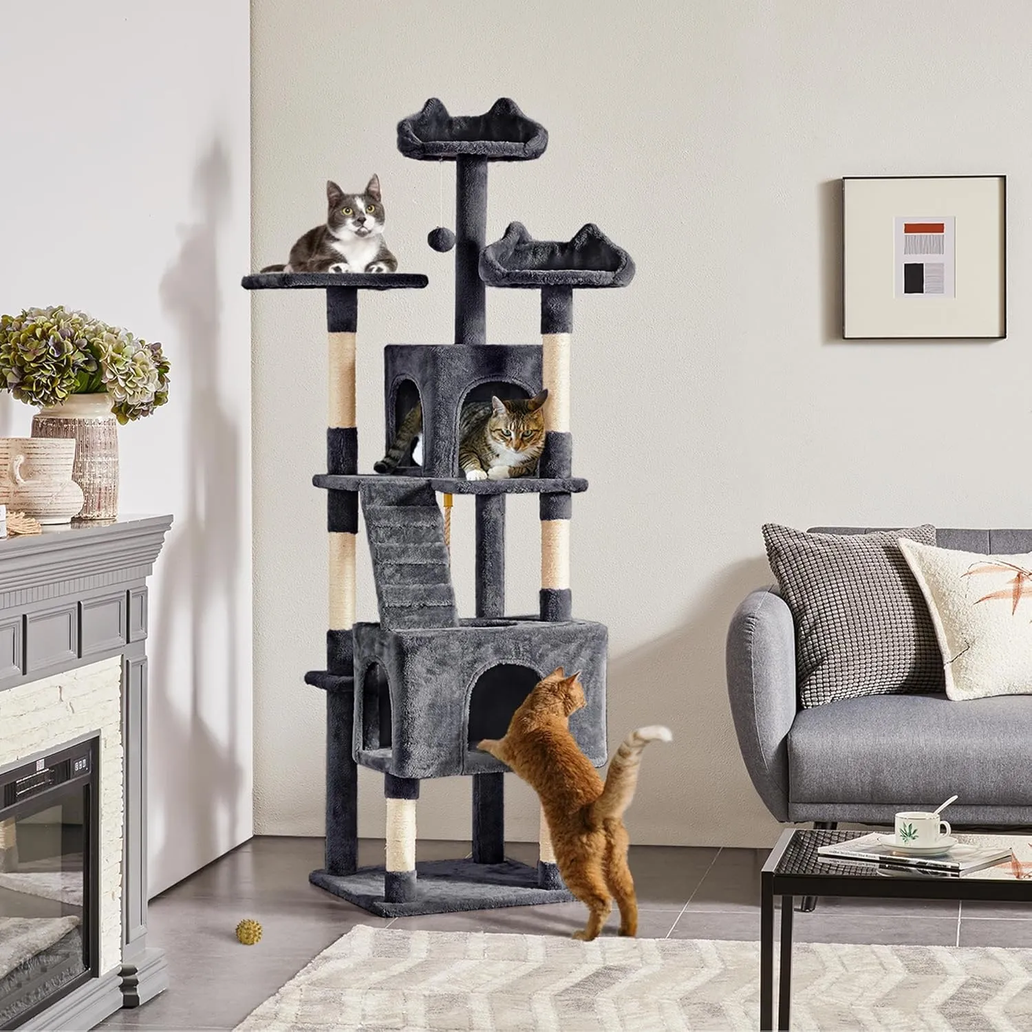 Yaheetech XL Cat Tree, 72in Multi-Level Cat Tower with 2 Cozy Caves, 3 Soft Perches, Scratching Posts, Board, and Dangling Ball, Pet Furniture Play House for Kittens/Cats, Dark Gray